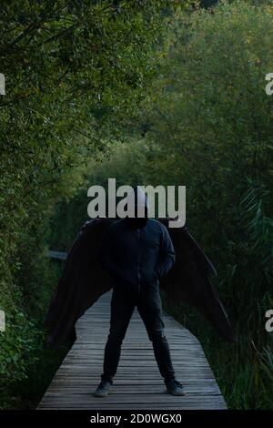 Man with black wings in jeans and dark hoodie, face hidden in shadow, standing menacing on wooden footpath in forest, fallen angel concept Stock Photo