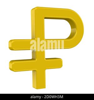 Russian currency symbol. Golden symbol of the Russian ruble on a white background. 3D Illustration Stock Photo