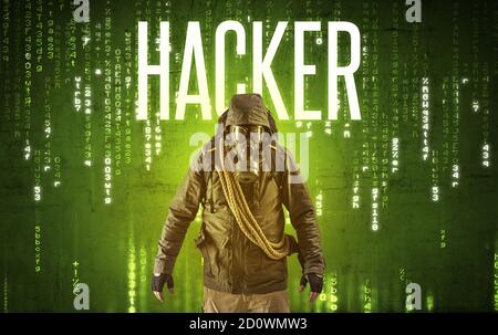 Faceless hacker with HACKER inscription, hacking concept Stock Photo
