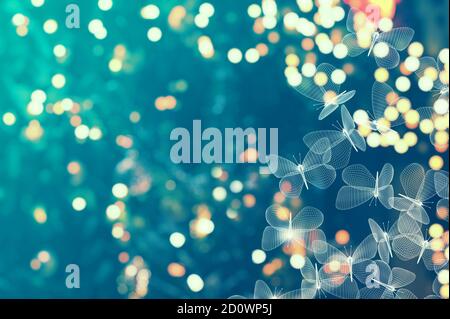 blurry lights background and abstract mesh moth butterflies. Copy space for web site, poster, placard and wallpaper. 3d illustration Stock Photo