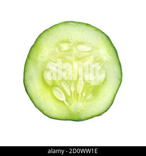 Cucumber vegetable slice isolated on white background, front view closeup picture Stock Photo