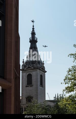Tower of the Saint Nicholas Cole Abbey Centre church in London, EC4 Stock Photo
