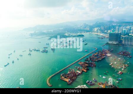 Aerial view of the Hong Kong bay with many ships and tankers Stock Photo