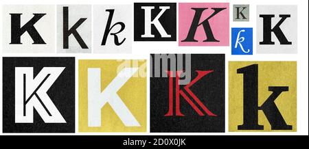 Paper cut letter k. Newspaper cutouts collage. Scrapbooking and crafting Stock Photo