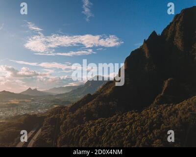 Aerial shot of Oahu green mountains view by the Ho'omaluhia Botanical Garden in Kaneohe Stock Photo