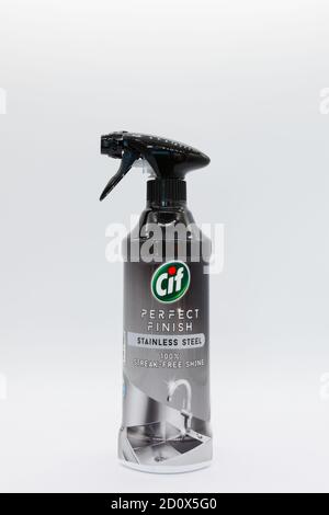 Irvine, Scotland, UK - October 01, 2020: Cif branded stainless steel cleaner in recyclable plastic bottle and top. Stock Photo