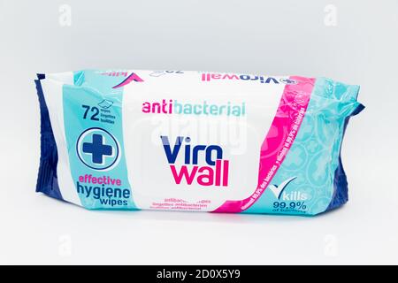 Irvine, Scotland, UK - October 01, 2020: One packet of Viro Wall antibacterial wipes on a white background. Stock Photo