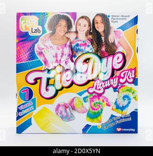Irvine, Scotland, UK - October 01, 2020: Tie Dye by the brand Interplay in a cardboard box and against a white background. Stock Photo