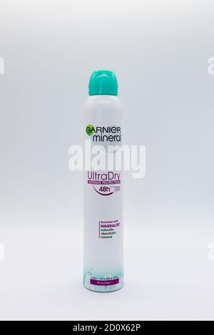 Irvine, Scotland, UK - October 01, 2020: Garnier branded ultra dry anti-perspirant in recyclable canister and plastic top. Stock Photo