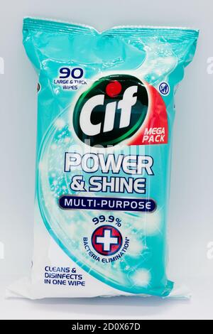 Irvine, Scotland, UK - October 01, 2020: One packet of Cif Power and Shine antibacterial wipes on a white background. Stock Photo