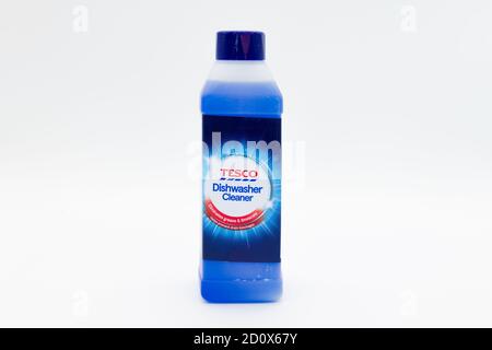 Irvine, Scotland, UK - October 01, 2020: Tesco Branded dish washer cleaner in a plastic bottle and cap that is recyclable. Stock Photo