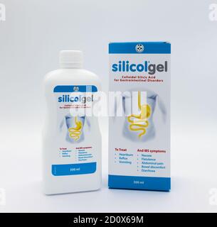 Irvine, Scotland, UK - October 01, 2020: silicolgel branded product of the same name in a recyclable plastic bottle and cap. Stock Photo