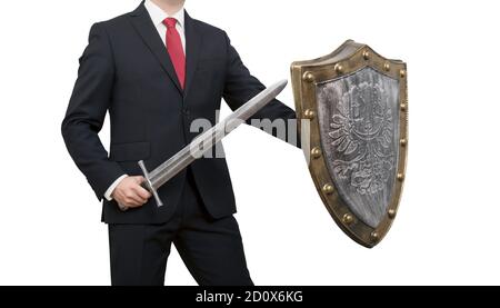 Businessman with sword and shield isolated on white background with clipping path. Business protection concept. Stock Photo