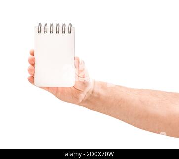 Male Hands Holding Pad of Paper Isolated on a White Background. Stock Photo