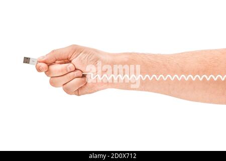 Hand holding USB cable on white background Stock Photo
