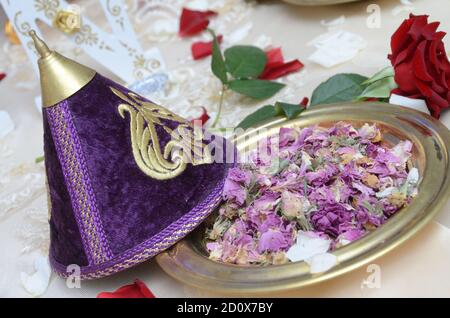 Traditional Moroccan design set at the Celebtarion of Mimuna holliday (jewish Marrocans Holliday) day after passover Stock Photo