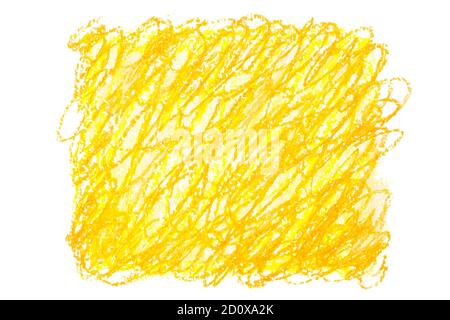 Crayon doodle background. Yellow orange oil pastel rectangle by scratches isolated on the white background.  Hand drawn texture Stock Photo