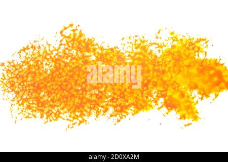 Expressive orange stripe with spashes and blots isolated on the white background. Painted texture Stock Photo