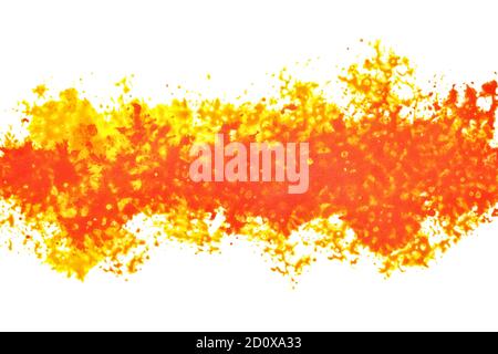 Yellow red expressive stripe with spashes and blots isolated on the white background. Hand drawn texture Stock Photo