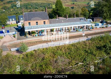 Dalmally train station in Scottish village in Argyll and Bute view from above bridge Scotland Stock Photo