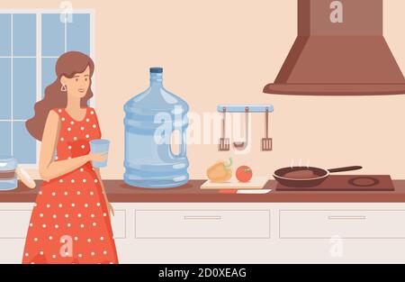 Young smiling woman with a glass of water standing in the kitchen vector flat illustration. Woman drinking water from a big plastic bottle, quenching thirst. Healthy lifestyle concept. Stock Vector