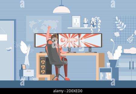 Young man sitting in gaming chair and playing video games on computer vector flat illustration. Gamer, cyber sport, electronic entertainment, online gaming concept. Professional gamers competition. Stock Vector