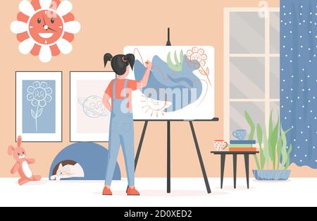 Cute little girl in modern clothes drawing flowers and sun on paper on easel vector flat illustration. Children room interior design with paintings, home plants, and domestic pet. Stock Vector