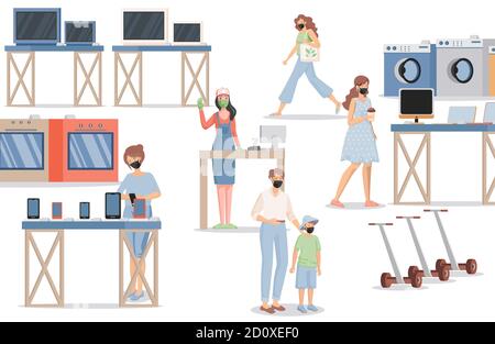People in electronics store vector flat illustration. Man and women in protective face masks walking in electronics shop and choosing television, smartphones, scooters, and washing machines. Stock Vector