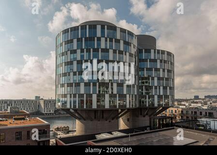 Skyline of the Portland Towers, Two silos in Copenhagen harbour were  converted to an office building in 2014, Copenhagen, september 30, 2020, Stock Photo