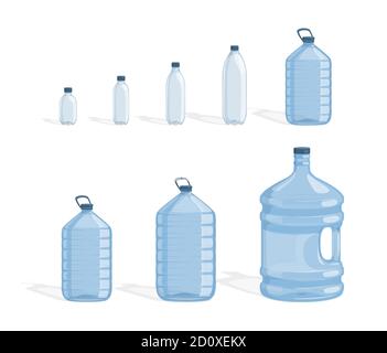 Set of plastic bottles for clean and fresh water vector flat illustration isolated on white background. Bottles full of water for active and healthy lifestyle. Water delivery bottles elements. Stock Vector