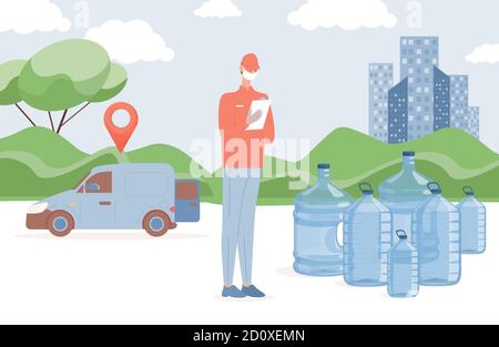 Fresh and clean bottled water delivery vector flat illustration. Delivery man in protective face mask standing near big plastic bottles. Drink more water, healthy lifestyle concept. Stock Vector