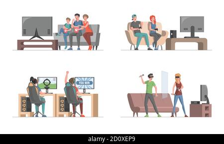 Electronic entertainment vector flat illustration. Happy people having fun playing video games with gamepads and VR helmets, watching movies on TV. Professional cyber sport, virtual reality concept. Stock Vector