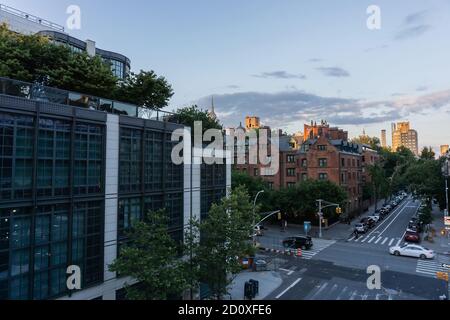 New York / Usa - July 28 2020: View from High Line to the 20th street in Chelsea, Manhattan. View on a street and buildings Stock Photo