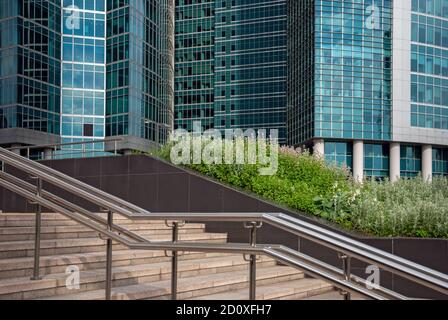 glass buildings, staircase and green plants in business city district Stock Photo