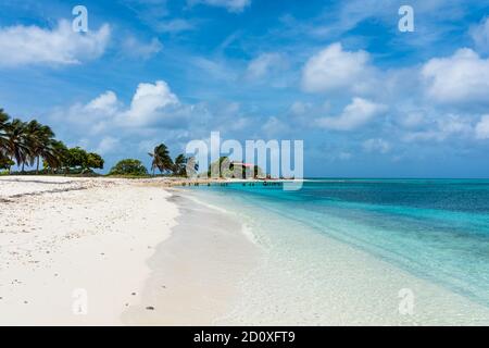 Tropical white beach with crystalline water in Dos Mosquises islands (Los Roques Archipelago, Venezuela). Stock Photo