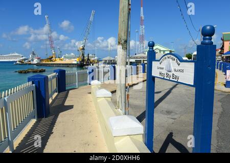 Sign of Hog Sty Bay on Maritime Heritage Trail in downtown George Town, Grand Cayman, Cayman Islands. Stock Photo