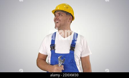 Friendly constructor willing to fix something Showing thumb up o Stock Photo