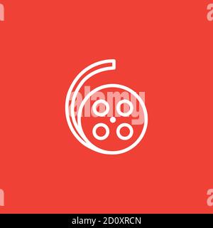 Film Reel Line Icon On Red Background. Red Flat Style Vector Illustration. Stock Vector