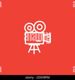 Film Camera Line Icon On Red Background. Red Flat Style Vector Illustration. Stock Vector