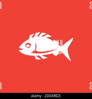 Fish Icon On Red Background. Red Flat Style Vector Illustration. Stock Vector
