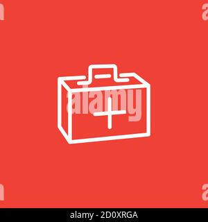 First Aid Box Line Icon On Red Background. Red Flat Style Vector Illustration. Stock Vector