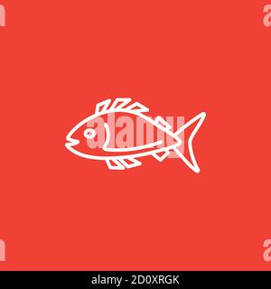 Fish Line Icon On Red Background. Red Flat Style Vector Illustration. Stock Vector