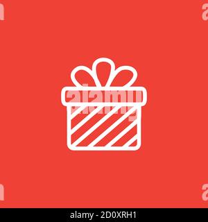 Gift Box Line Icon On Red Background. Red Flat Style Vector Illustration. Stock Vector