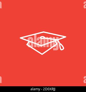Graduation Hat Line Icon On Red Background. Red Flat Style Vector Illustration. Stock Vector