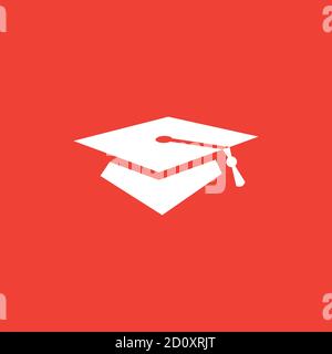Graduation Hat Icon On Red Background. Red Flat Style Vector Illustration. Stock Vector
