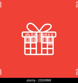 Gift Box Line Icon On Red Background. Red Flat Style Vector Illustration. Stock Vector