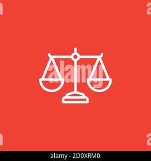 Justice Scales Line Icon On Red Background. Red Flat Style Vector Illustration. Stock Vector