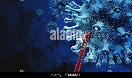 Virus research concept vaccine and flu or coronavirus medical treatment and disease control as a doctor treating pathogen cells as a health care. Stock Photo