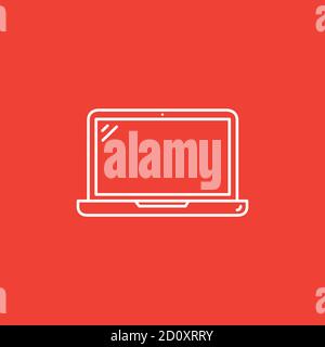 Laptop Line Icon On Red Background. Red Flat Style Vector Illustration. Stock Vector