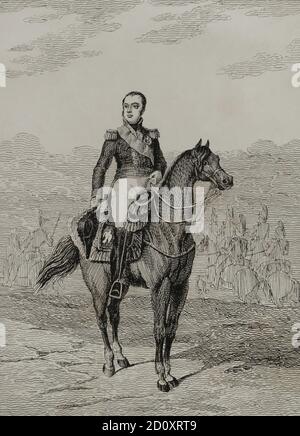 Etienne Jacques Joseph MacDonald (1765-1840). Militar francés, mariscal del Imperio desde 1809 y primer duque de Tarento. Ilustración por Francisco Pérez. Litografía por Julio Donón. Historia del Levantamiento, Guerra y Revolución de España, por el Conde de Toreno. Madrid,1851. Stock Photo